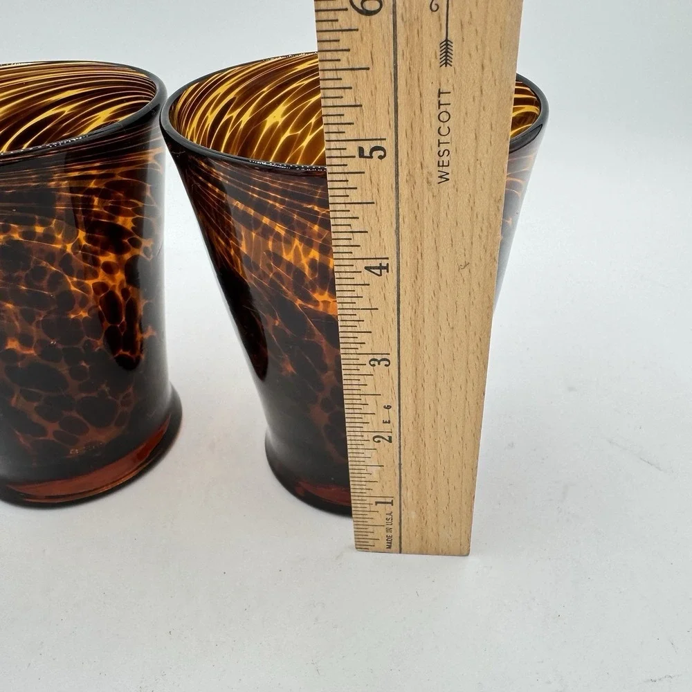 Tortoise Shell Glass Tumblers Set of 2 Hand‎ Blown Heavy Vintage Barware Art
